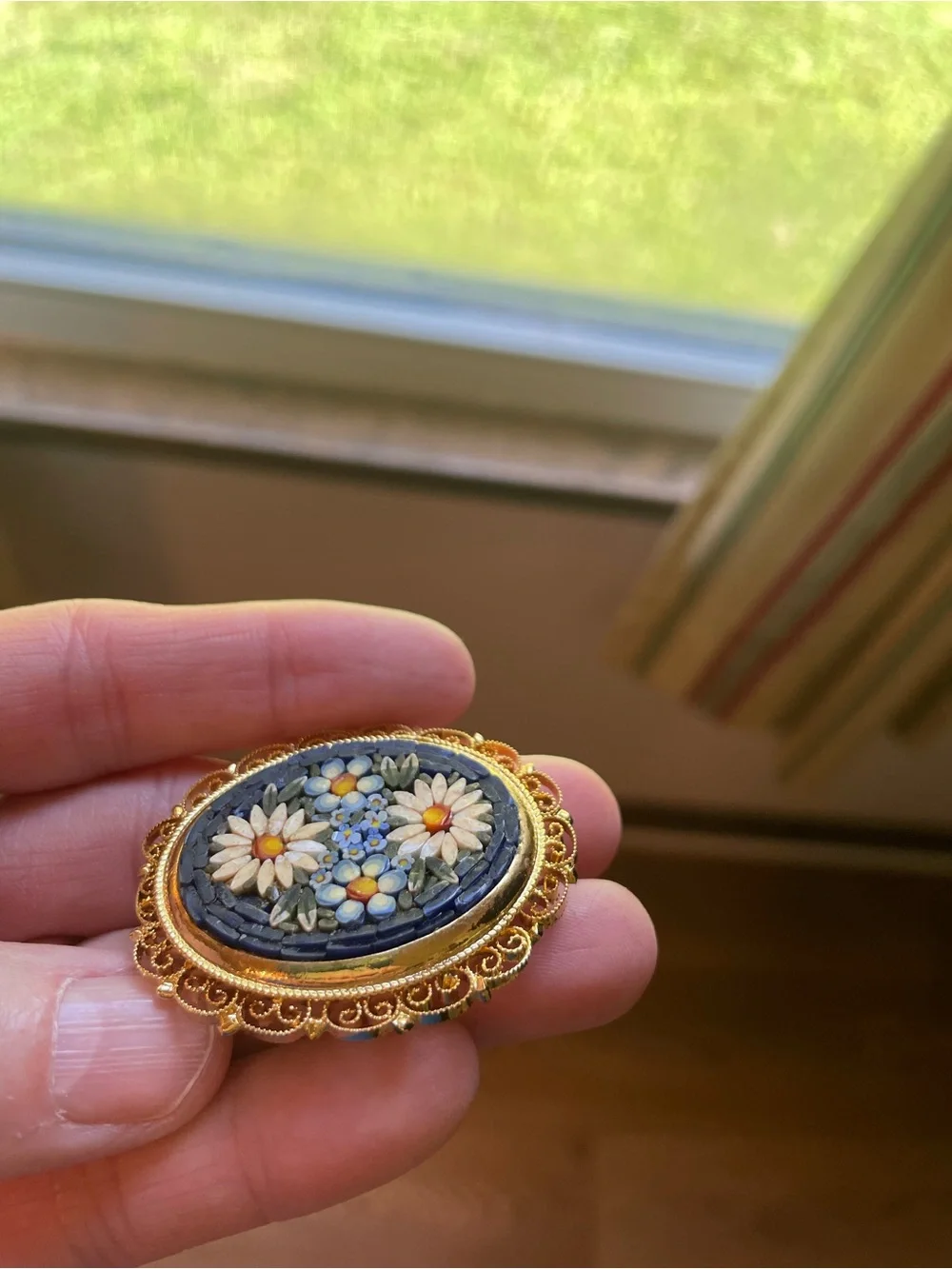 Micro Mosaic Floral Oval Brooch - Blue and Gold